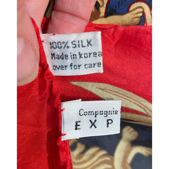 Vtg 80's Express Silk Scarf 34" Square Red Tassels Lions Plaid Preppy Retro Glam - Picture 5 of 7